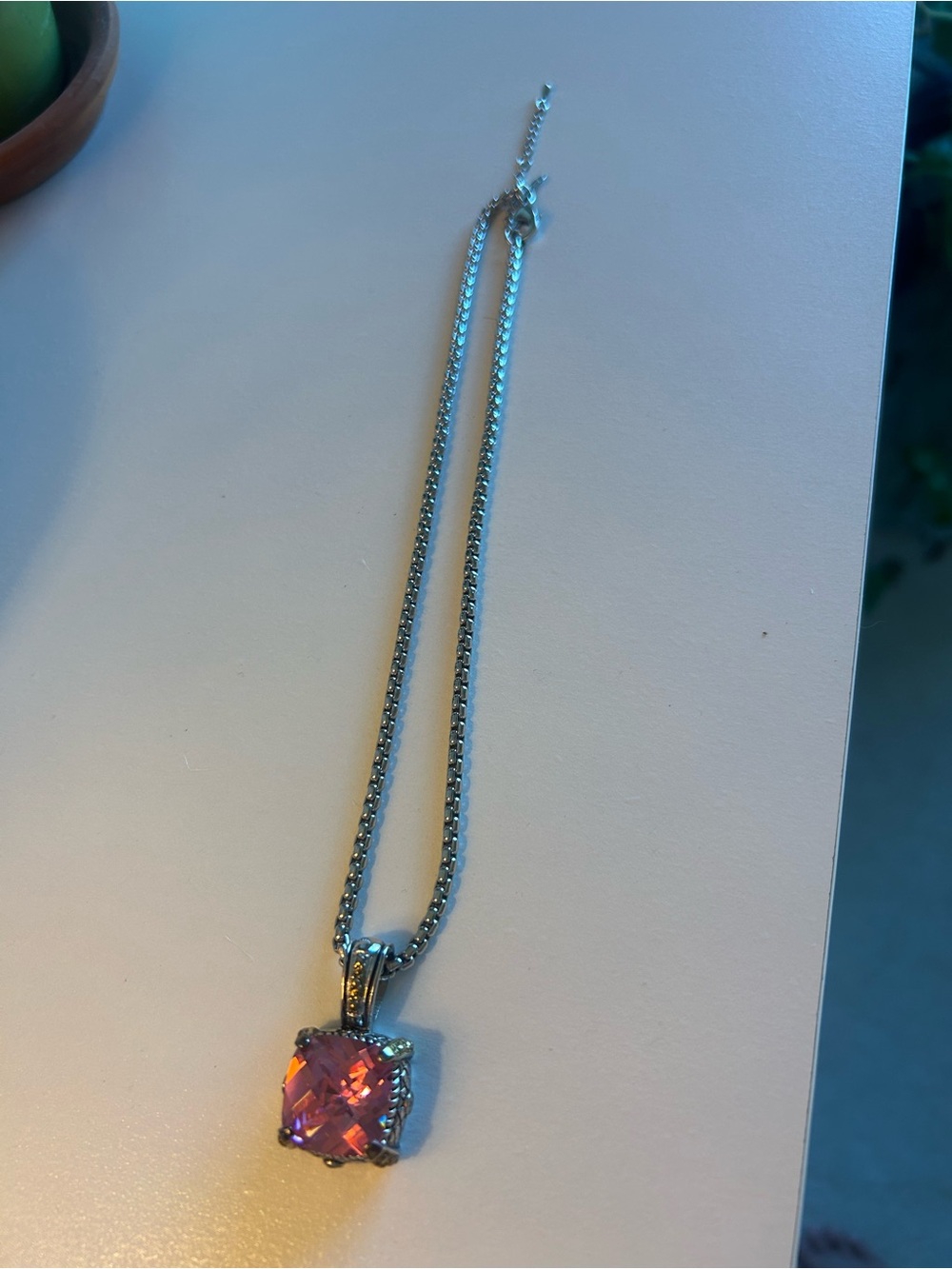 Silver Necklace with Pink Cushion-Cut Pendant